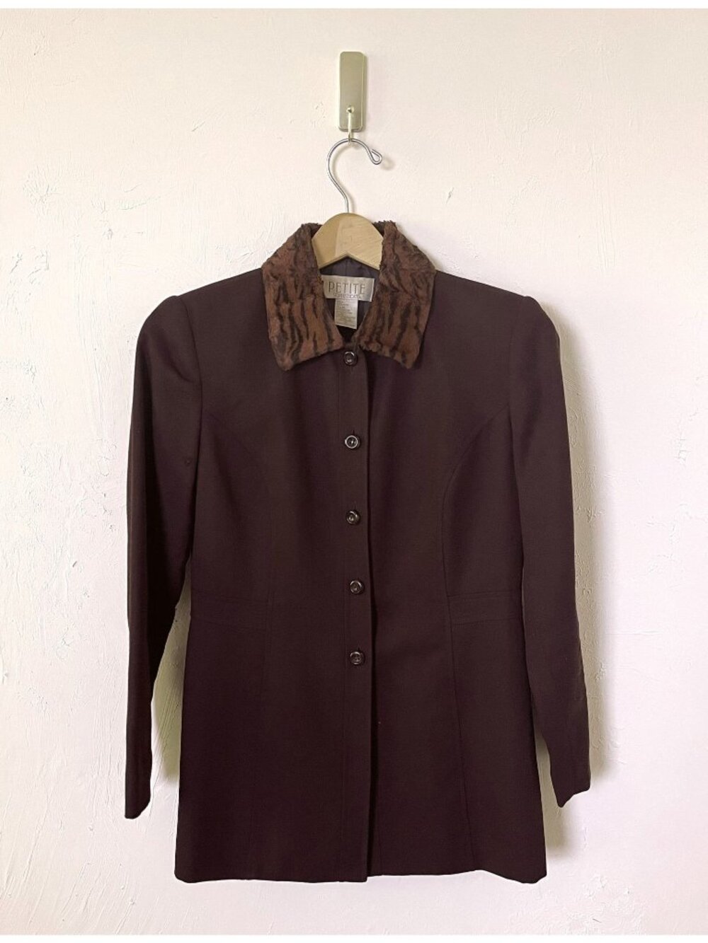 Vintage Petite Sophisticate Women's Brown Wool Blazer With Faux Fur Collar Size
